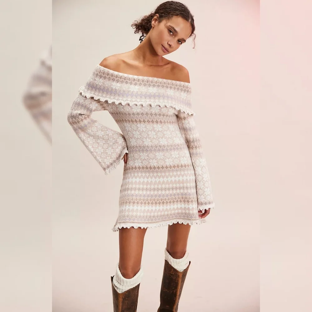 Free‎ People Fiona Fair Isle Mini Sweater Dress Neutral Combo Women's Size XL